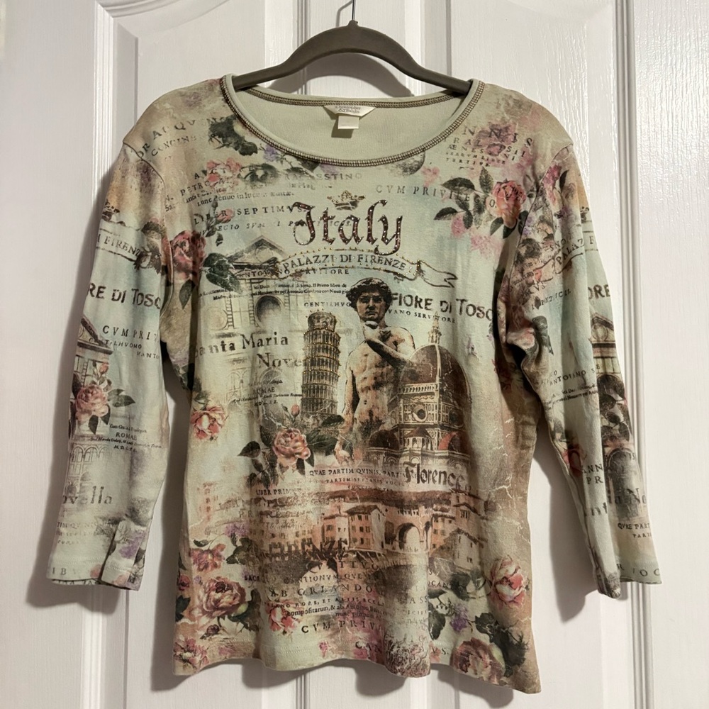Christopher & Banks Italy Print Top - Beige and Pink, Rhinestones